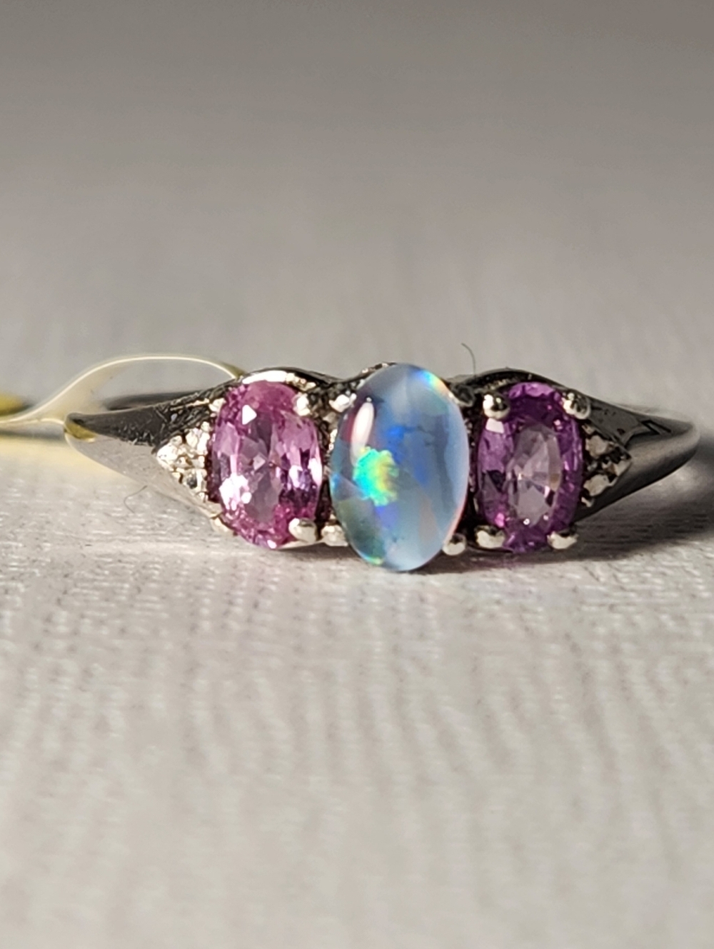 NWT Custom Real Natural Pink & Violet Real Sapphires Opal Trilogy Ring Sz 7